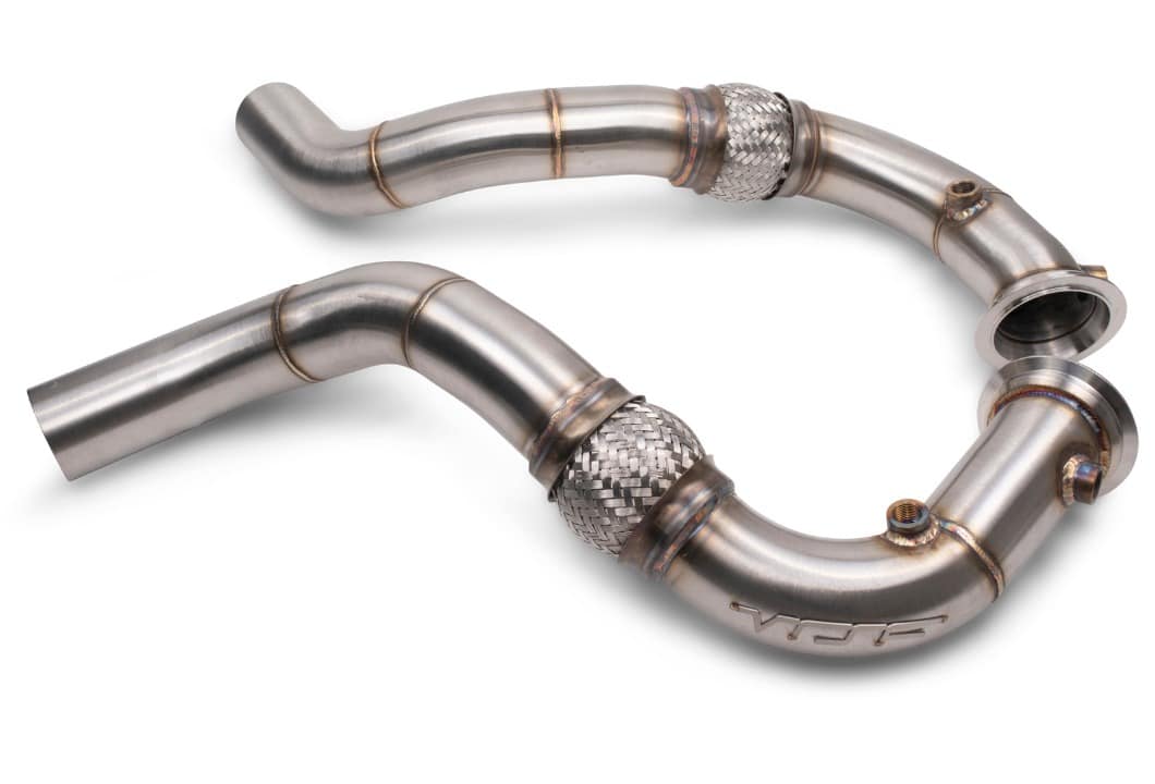 VRSF S63 slip-fit downpipes for BMW F85 X5 M and F86 X6 M in Brushed finish