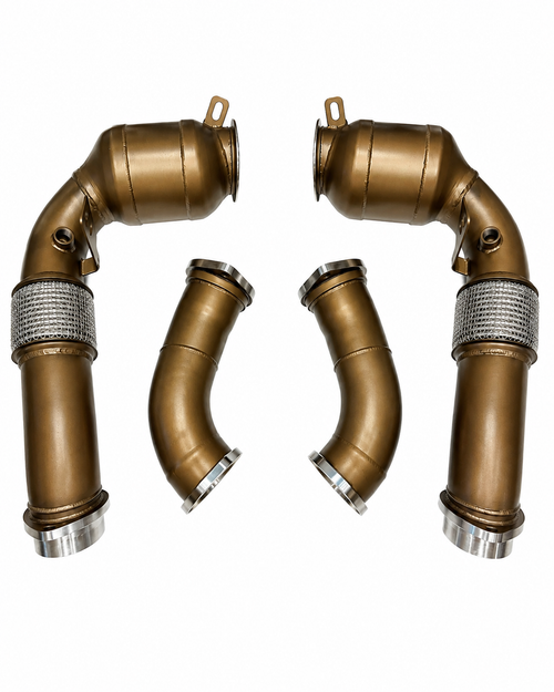 SLN S68 200-cell ceramic sports cat downpipes for BMW G90 and G99 M5 – reverse view