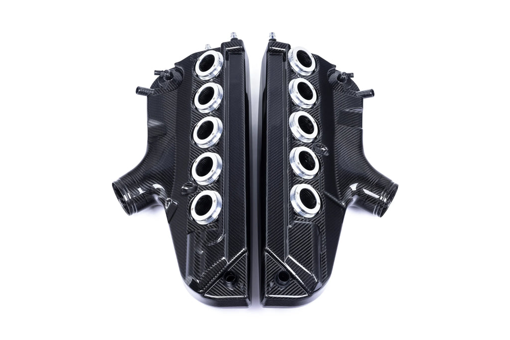 Underside of Eventuri S85 carbon plenum showing intake trumpets