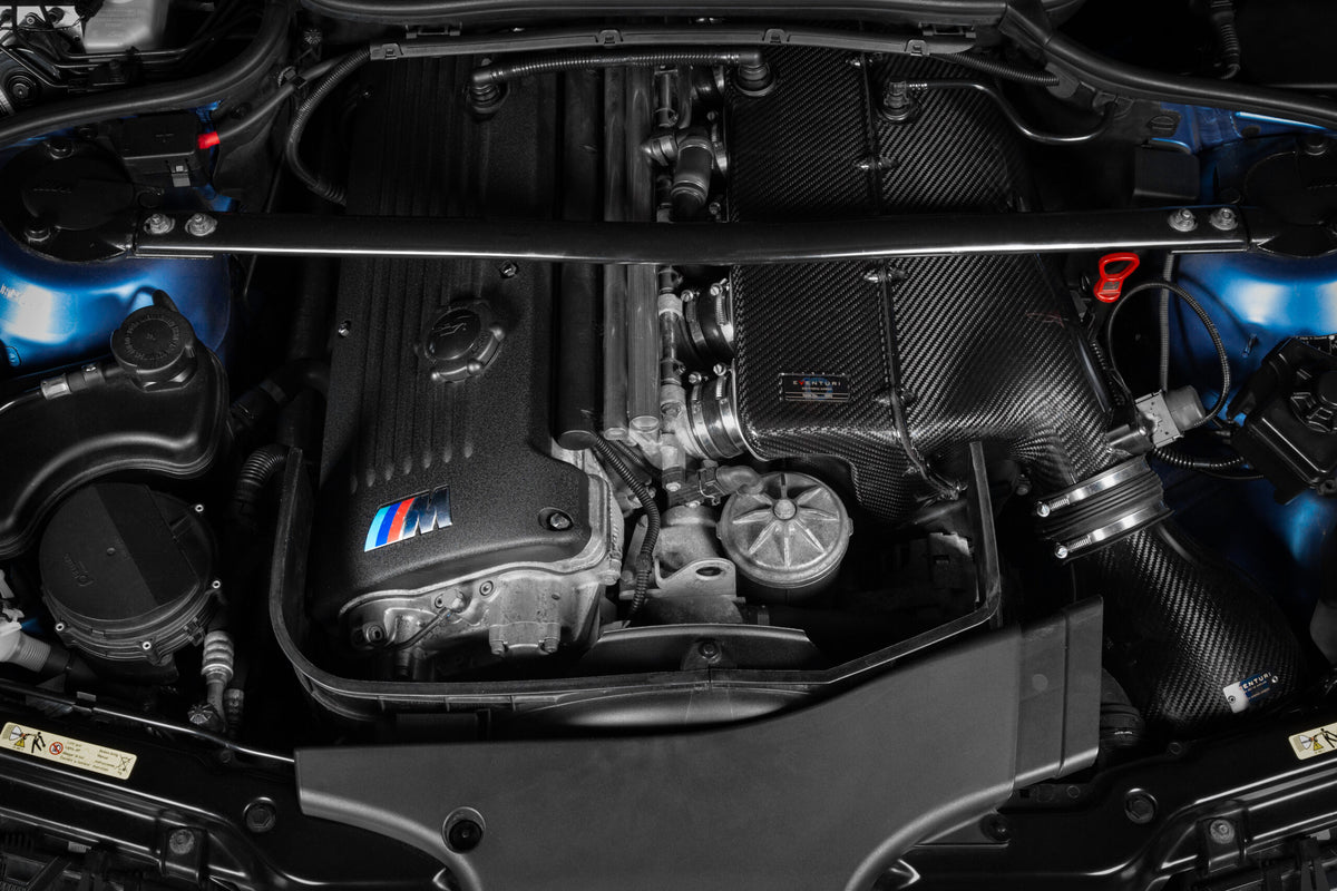 Close-up of Eventuri E46 M3 hybrid airbox and intake installation
