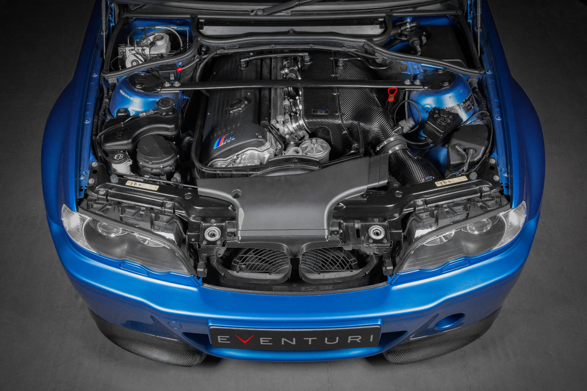 BMW E46 M3 engine bay with Eventuri hybrid airbox and intake installed