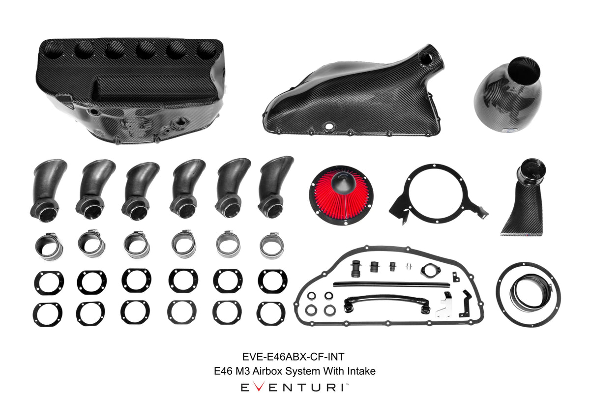 Eventuri EVE-E46ABX-CF-INT full hybrid airbox and intake kit contents