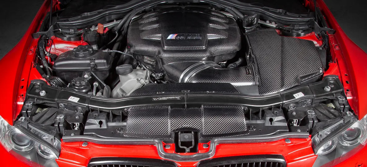 BMW E9x M3 engine bay with Eventuri carbon plenum