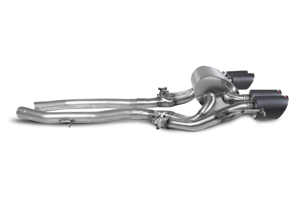 Side profile of Scorpion SBM084CF exhaust assembly with carbon Ascari tips