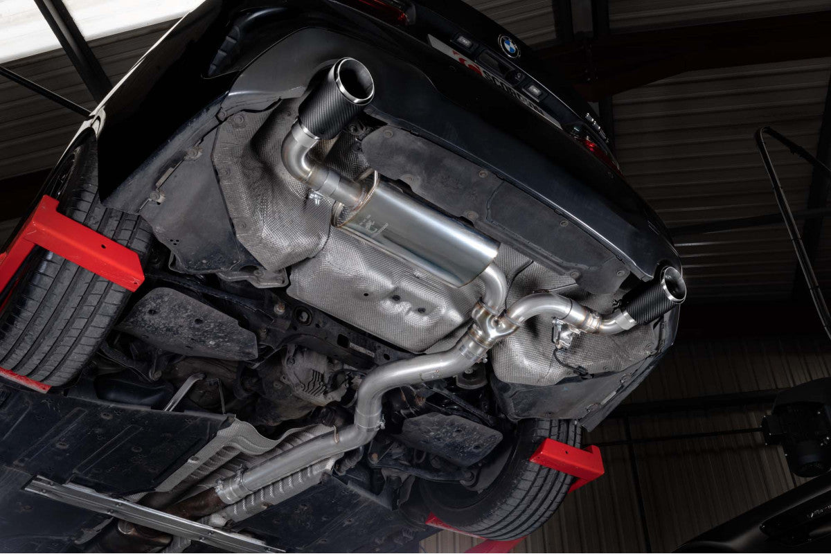 Angled underside view of Scorpion SBM119CF exhaust fitted to BMW 330i