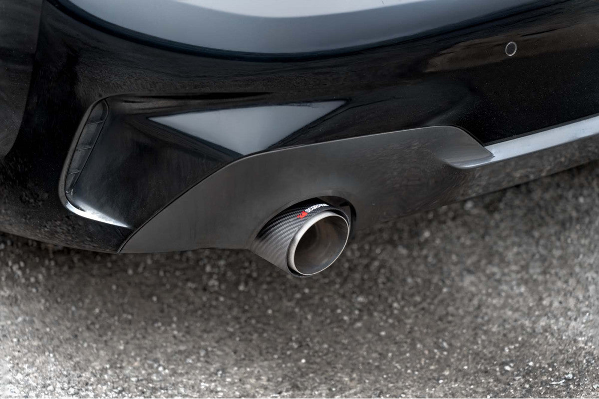 Close-up of Scorpion tailpipe fitted to BMW 330i