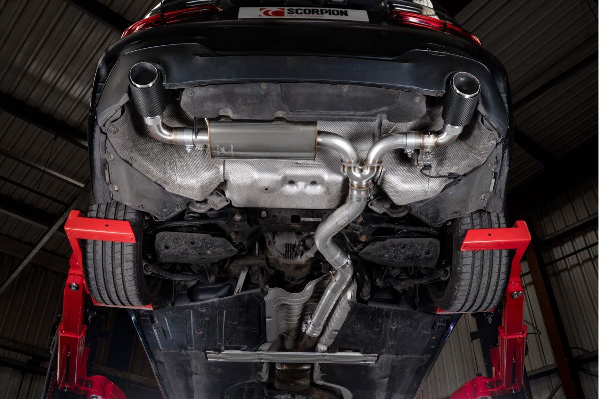 Scorpion SBM119CF exhaust installed underneath a BMW 330i