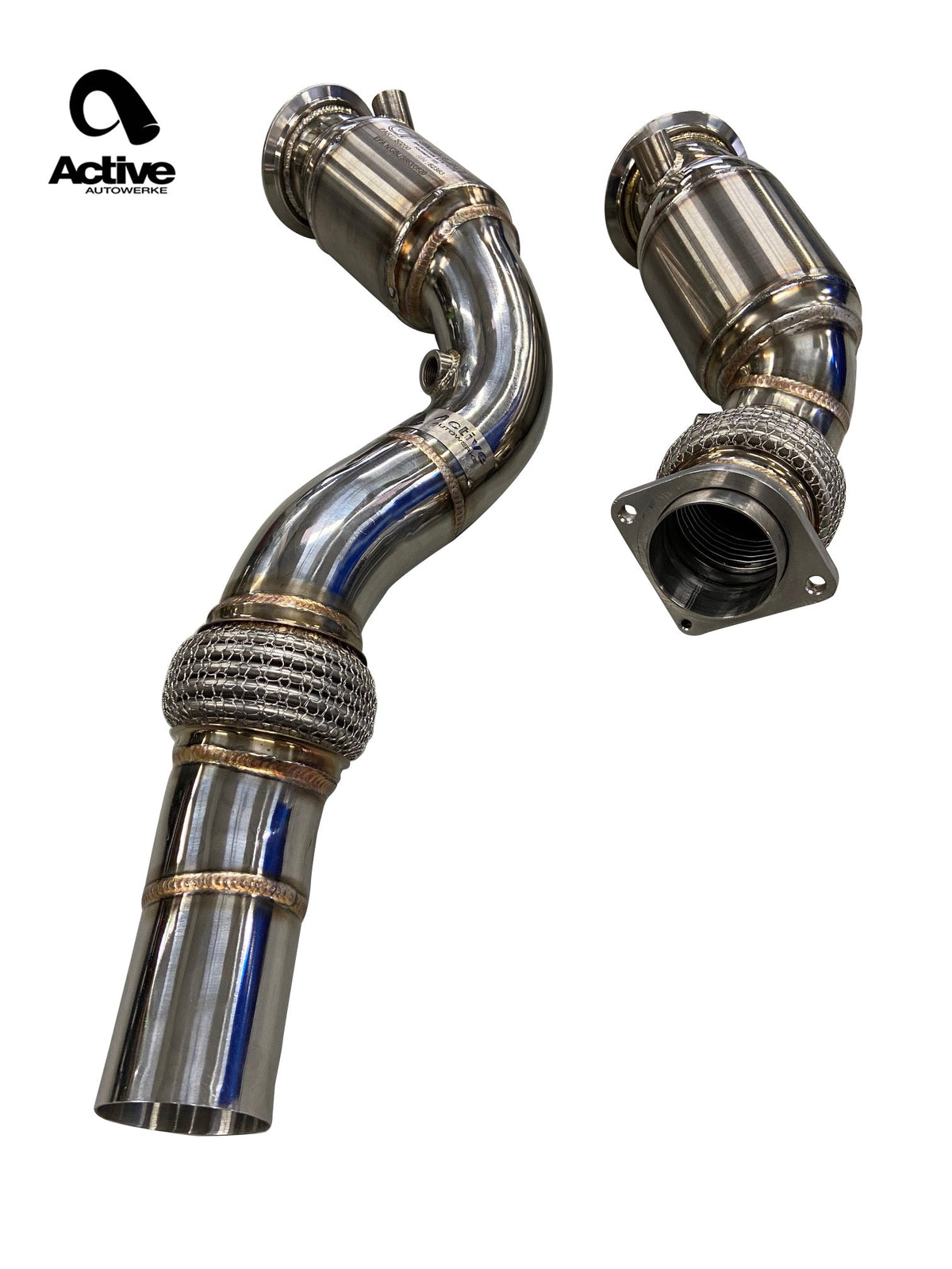 Active Autowerke 11-080 S55 GESI sports cat downpipes — detail view 1