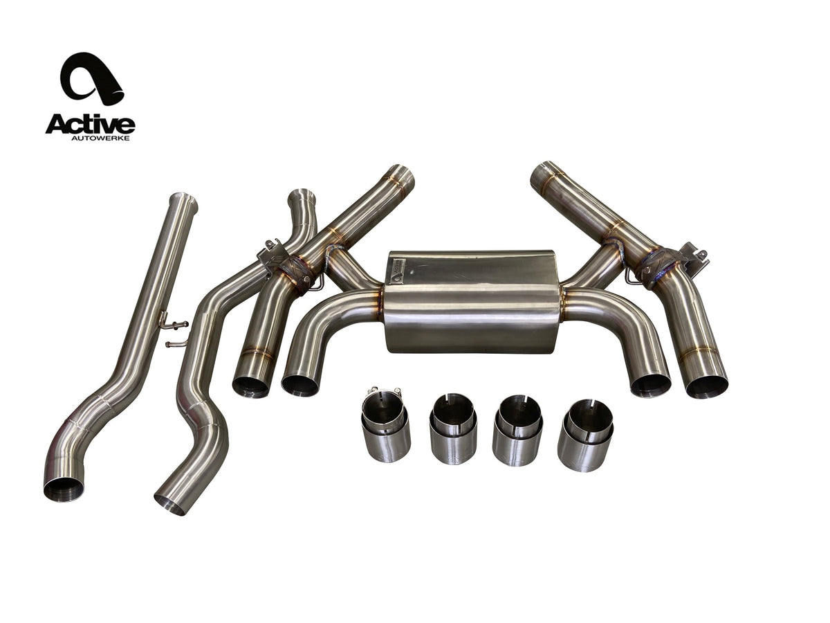 Active Autowerke Valved Rear Exhaust — BMW F87 M2 Competition / CS — Manufacturer product photograph. The selected vehicle-specific kit and tailpipe finish determine the supplied components.