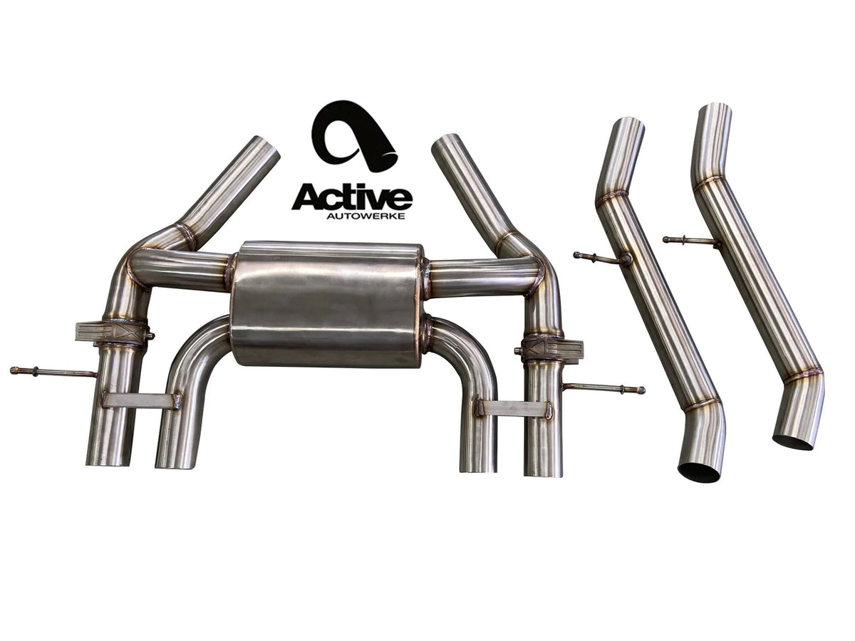 Active Autowerke Valved Rear Exhaust — BMW G80 M3 / G82 M4 — Manufacturer product photograph. The selected vehicle-specific kit and tailpipe finish determine the supplied components.