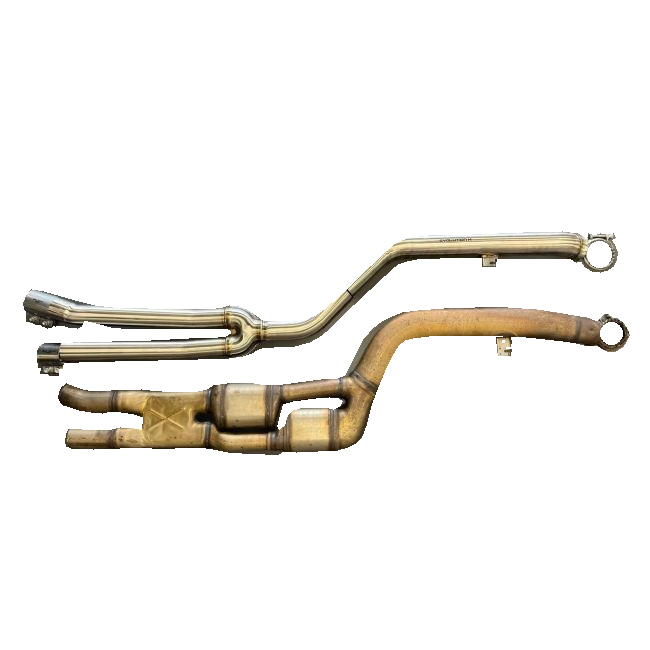 Evolution M replacement midpipe (shiny upper pipe) compared with original BMW OPF exhaust assembly below; original assembly not included