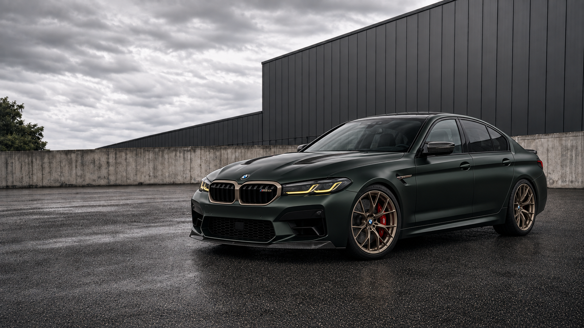 Frozen Deep Green BMW F90 M5 CS concept artwork; illustrative, not CS package fitment