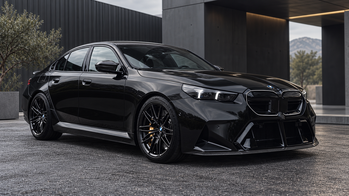 Gloss-black BMW G90 M5 concept artwork with carbon details and a lowered stance