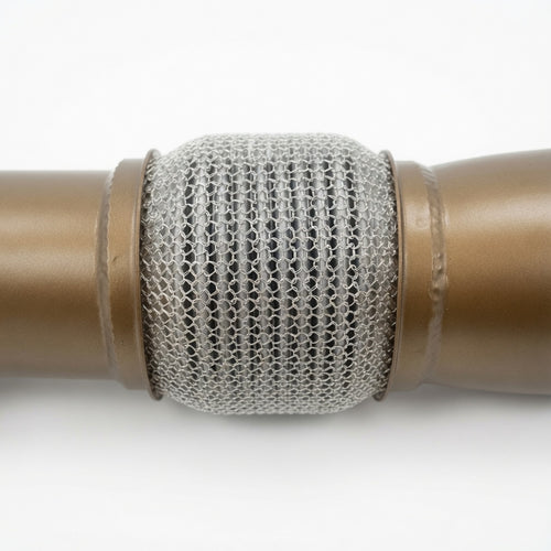 Ceramic-coated S68 decat downpipe flex section close-up