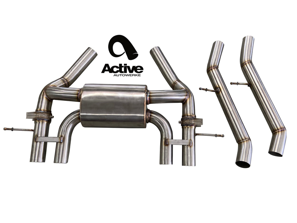 Active Autowerke Valved Rear Exhaust — BMW G87 M2 — Manufacturer product photograph. The selected vehicle-specific kit and tailpipe finish determine the supplied components.