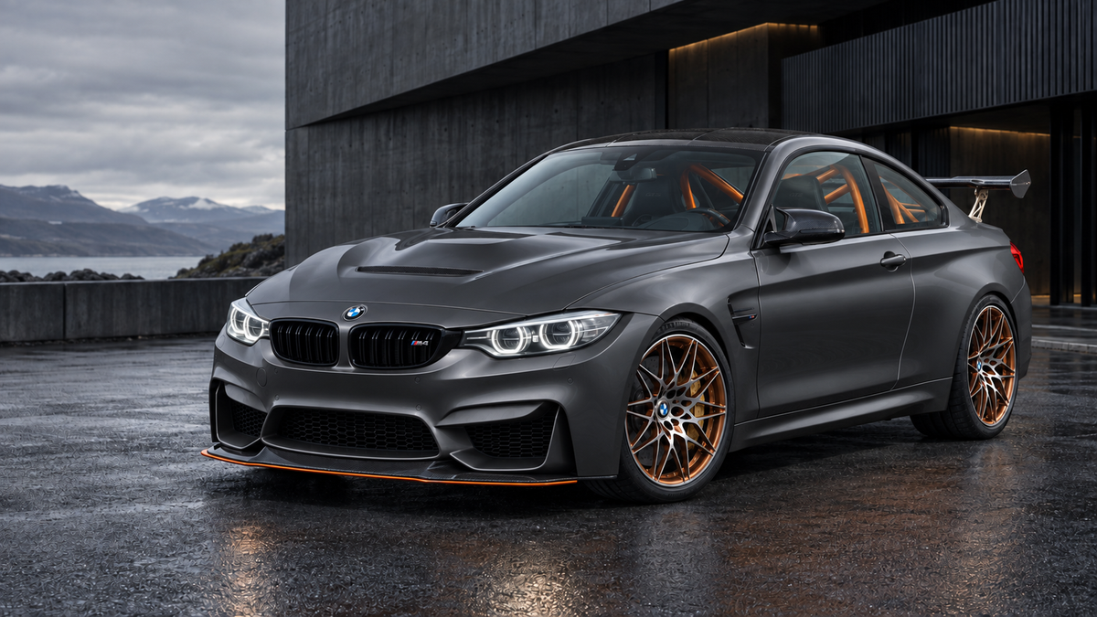 Frozen-grey BMW F82 M4 GTS-inspired concept artwork with orange accents
