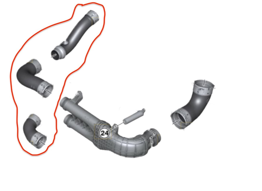 Factory S58 hot-side pipe diagram with the three replaced sections outlined