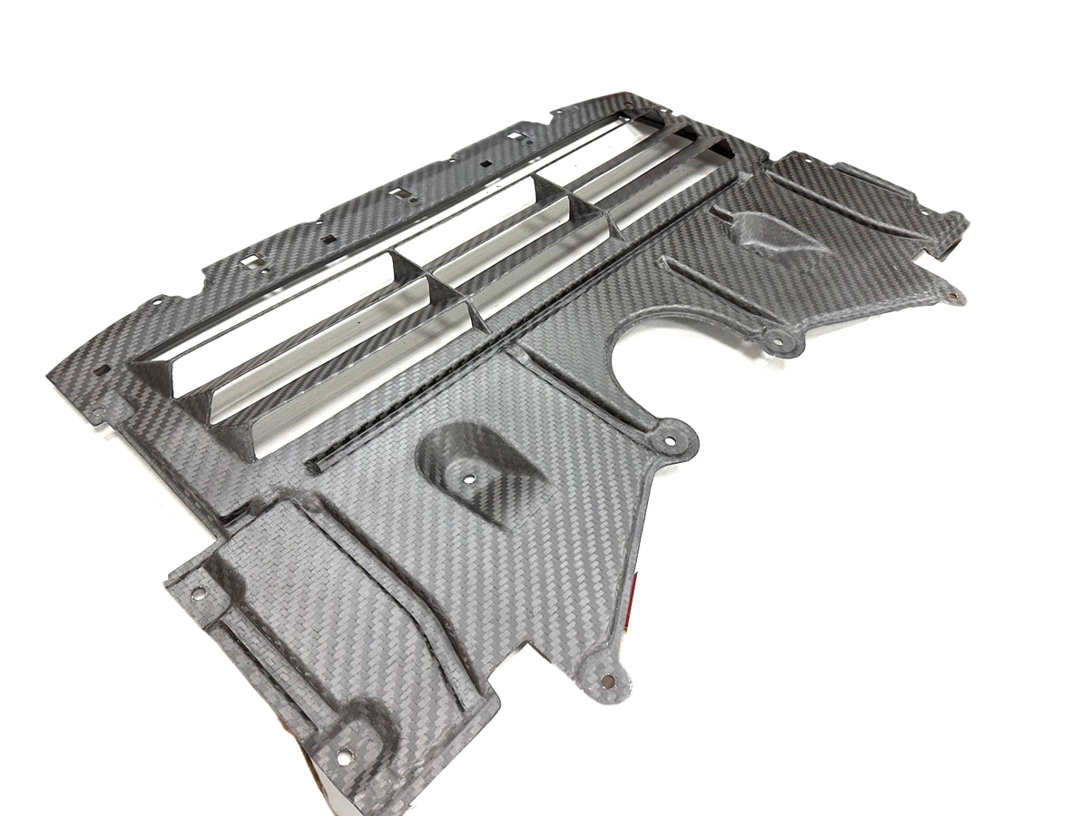 FTP dry-carbon oil cooler guard with louvers and mounting holes