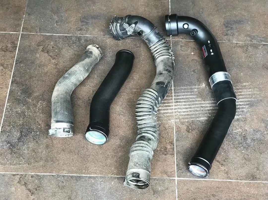FTP Charge & Boost Pipe Kit — BMW 520i/528i N20 — FTP product compared with original BMW pipe; original pipe not included