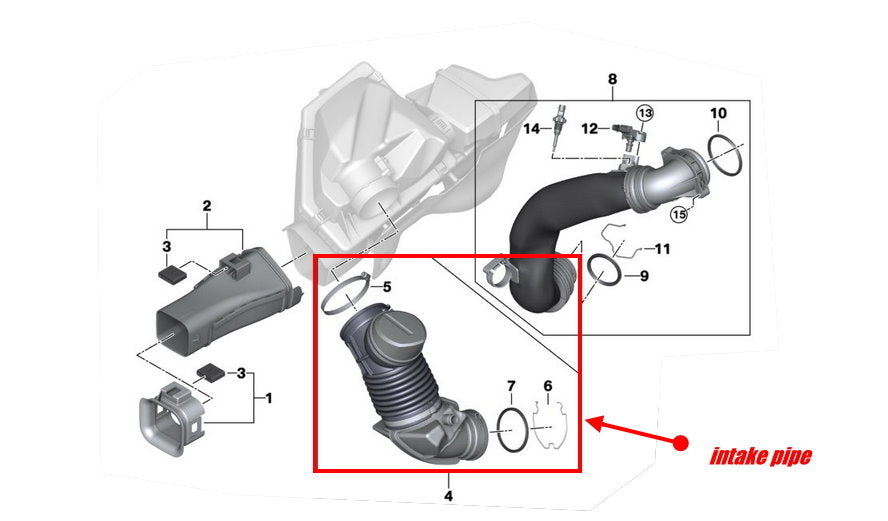 Original BMW B58TU intake routing; replacement inlet location highlighted