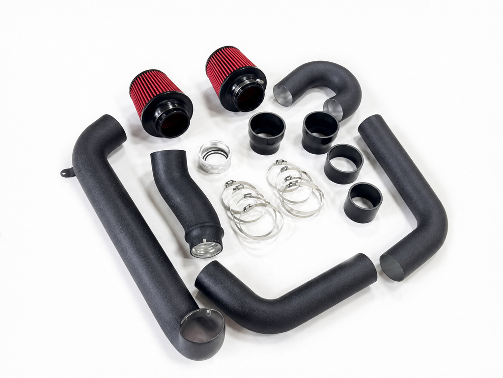 SLN S58 front-mount intake kit with red filters, intake pipes, silicone couplers and clamps