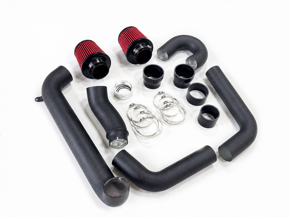 SLN S58 front-mount intake kit with red filters, intake pipes, silicone couplers and clamps